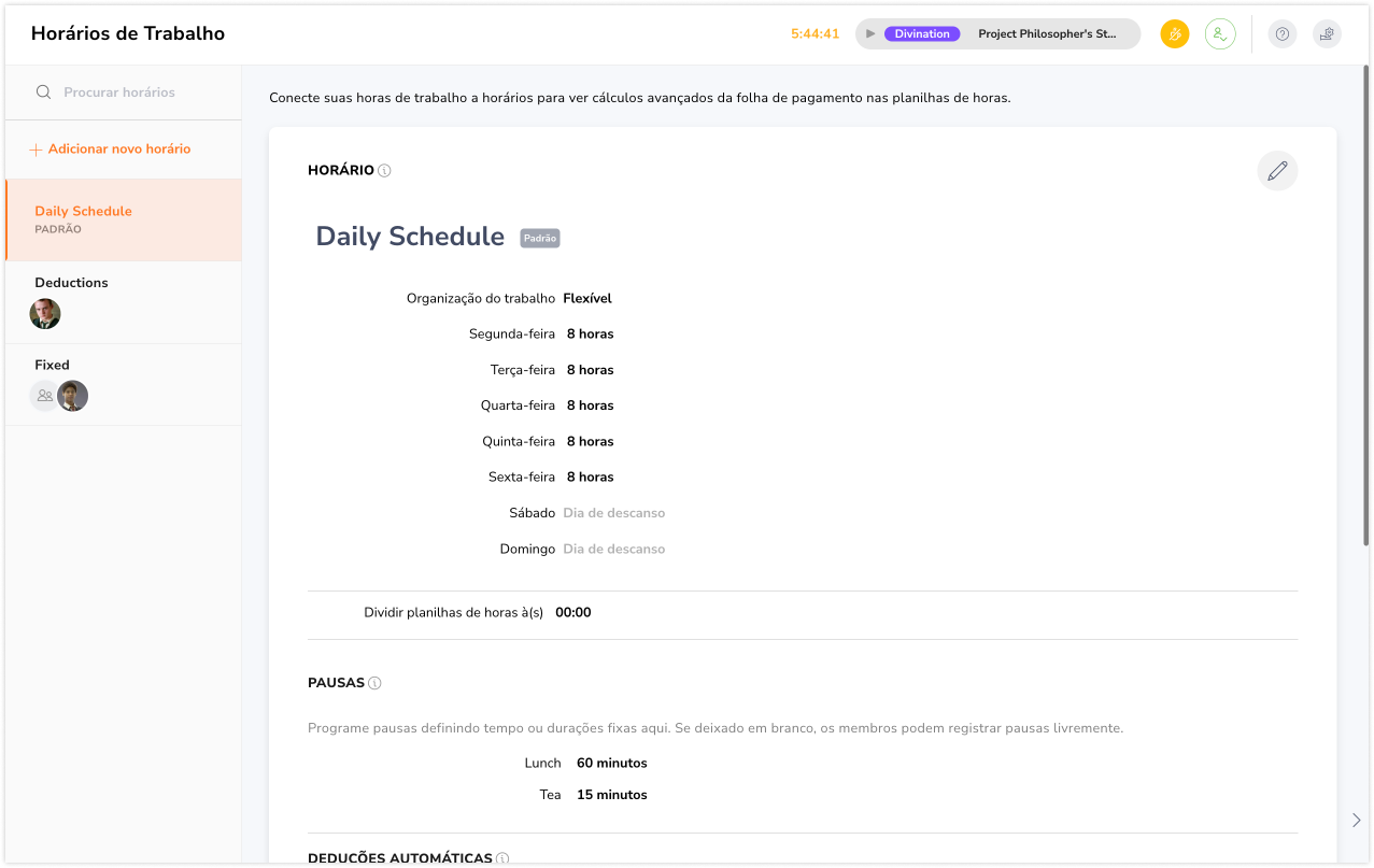 Detalhes e configurações do horário de trabalho
